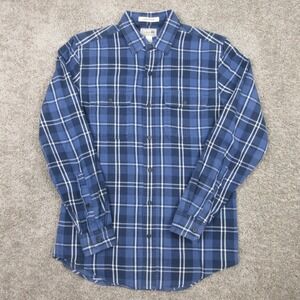 LL Bean Shirt Mens Small Blue Plaid Twill Flannel Slightly Fitted Button Up